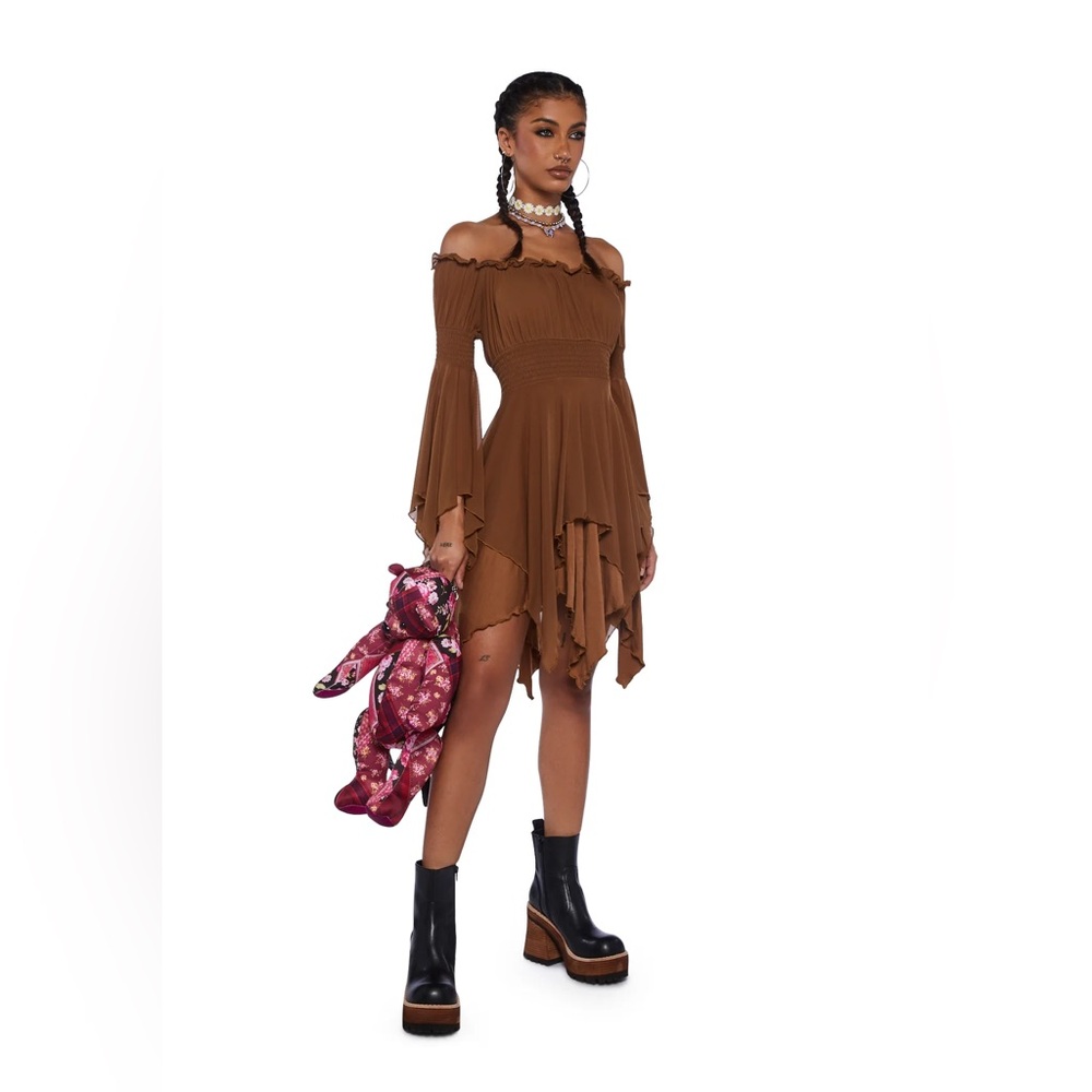 NWT Dolls Kill MUSICAL ODYSSEY MINI DRESS - BROWN CURRENT MOOD XS - Picture 7 of 15